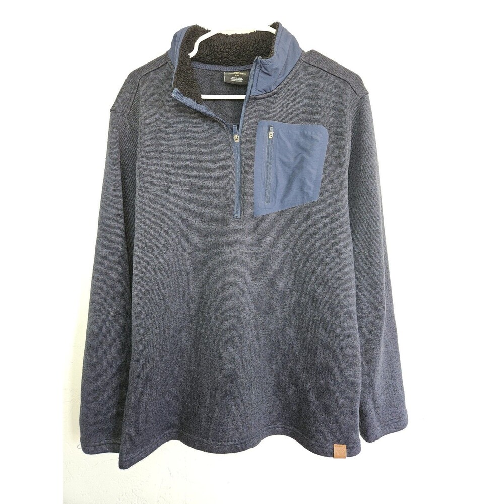 Old River Fleece Men's Large Pullover Sweater 1/4 Zip Pocket Long Sleeve Blue